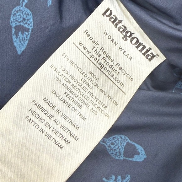 Patagonia Womens Bivvy Down Vest Hooded Puffer Brown‎ Blue Snap Front Sz S READ - Picture 9 of 15